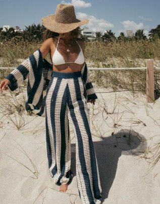 Vivi Striped V-Neck Set with Wide-Leg Pants