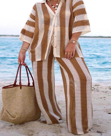 Vivi Striped V-Neck Set with Wide-Leg Pants