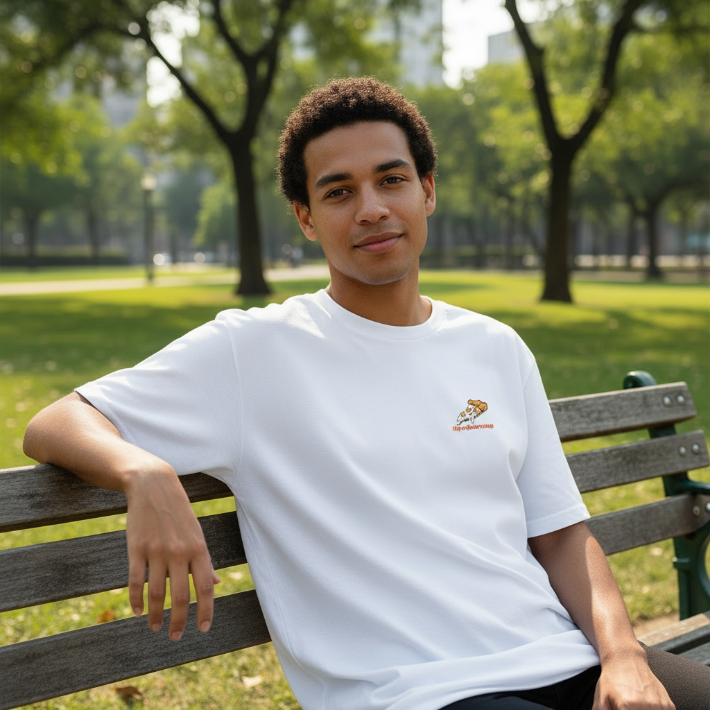 White t-shirt with a small logo in the middle on a white background