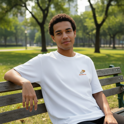 White t-shirt with a small logo in the middle on a white background