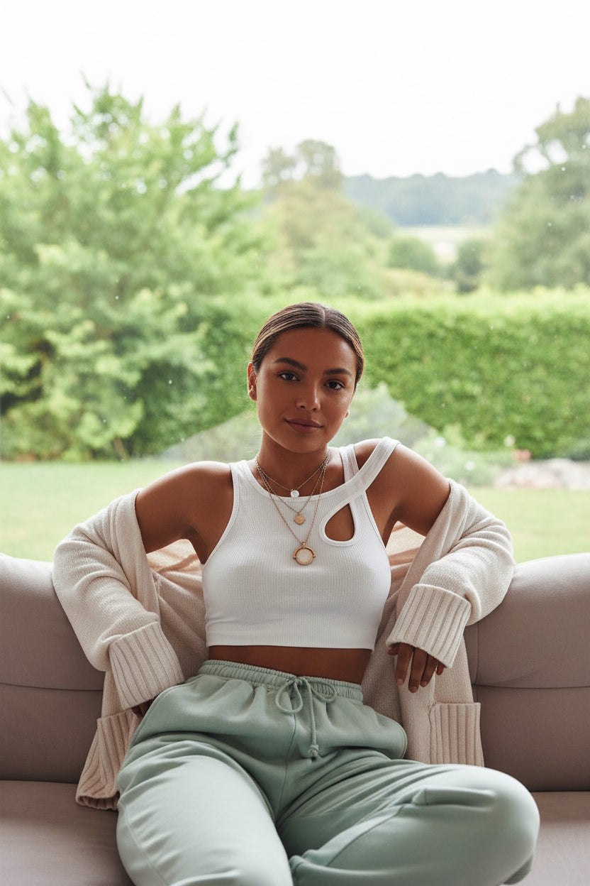 Person wearing a white crop top, light green pants, and a beige cardigan with layered necklaces.