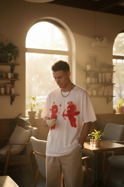 White t-shirt with red graphic design of two figures, one angelic and one demonic, on a plain background.
