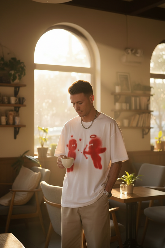 White t-shirt with red graphic design of two figures, one angelic and one demonic, on a plain background.